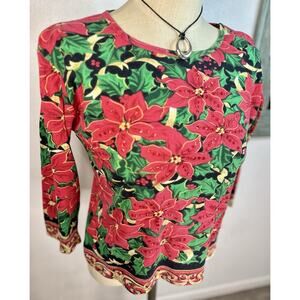 Take Two Holiday Sequin Poinsettia Flower Cotton Top Size Large